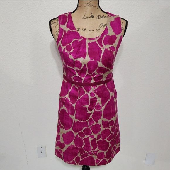 Loft giraffe print pink Beige‎ Barbircore cotton Sheath shift dress size 2P - Picture 2 of 9